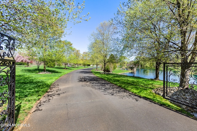 view of street with a water view