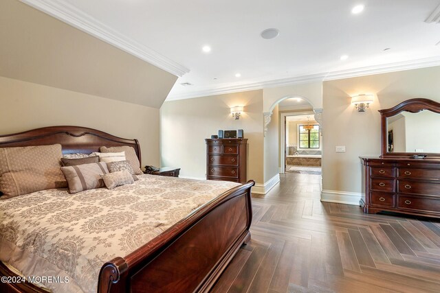 bedroom with dark parquet floors and crown molding