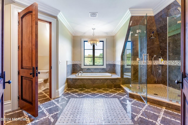 86 Montrose Rd, Colts Neck, NJ 07722 - bathroom featuring a garden tub, toilet, a stall shower, and crown molding
