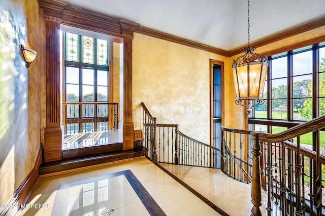 86 Montrose Rd, Colts Neck, NJ 07722 - staircase featuring an inviting chandelier, crown molding, and baseboards