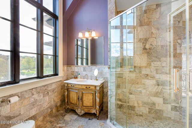 bathroom featuring vanity, tile walls, toilet, and an enclosed shower