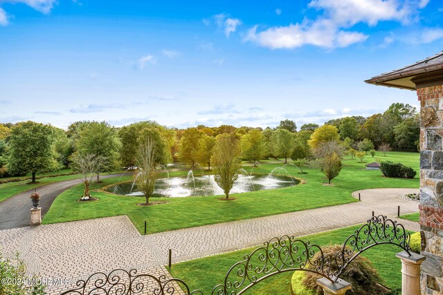 view of home's community featuring a lawn and a water view