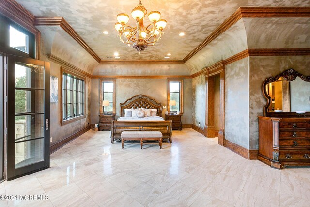 bedroom featuring ornamental molding and a chandelier