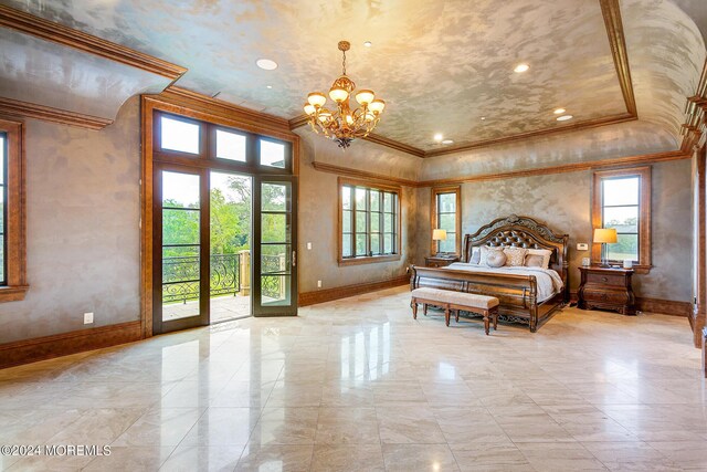 bedroom with an inviting chandelier, access to exterior, and ornamental molding