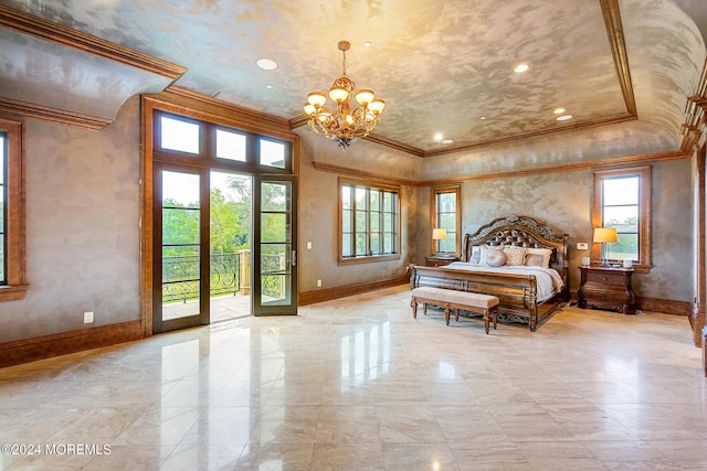 86 Montrose Rd, Colts Neck, NJ 07722 - bedroom featuring multiple windows, crown molding, access to outside, and a chandelier