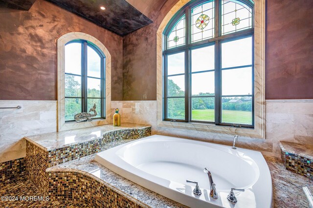 bathroom featuring plenty of natural light and a relaxing tiled tub