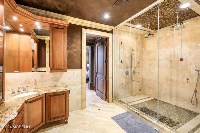 86 Montrose Rd, Colts Neck, NJ 07722 - bathroom featuring tile walls, visible vents, a stall shower, and vanity