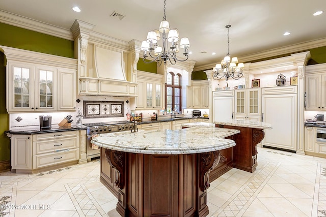 86 Montrose Rd, Colts Neck, NJ 07722 - kitchen with custom range hood, cream cabinetry, and high quality appliances
