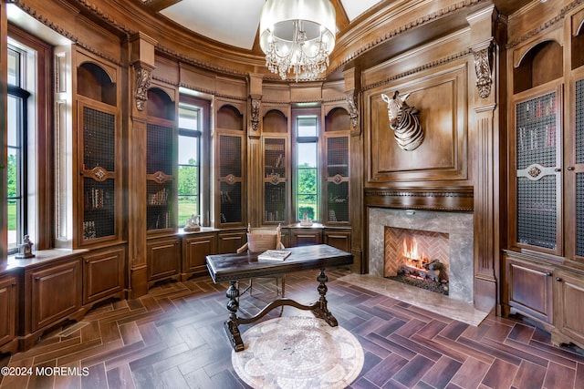 86 Montrose Rd, Colts Neck, NJ 07722 - office with a fireplace, an inviting chandelier, and ornamental molding