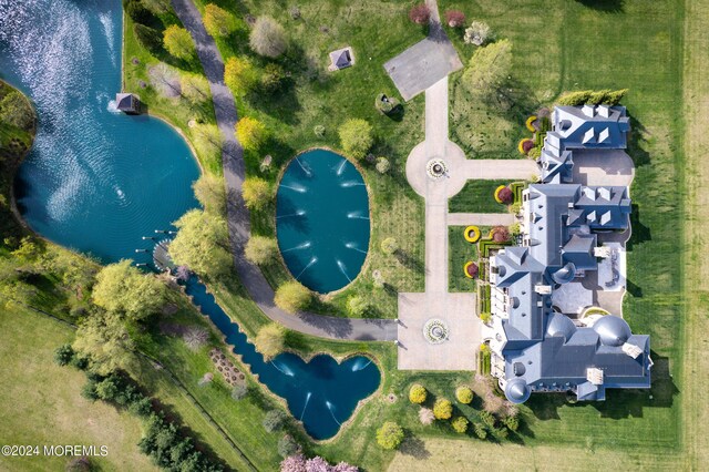 aerial view featuring a water view