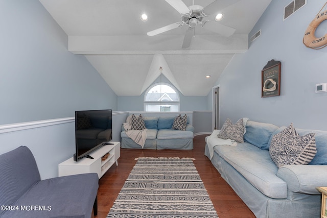 living room with dark hardwood / wood-style flooring, lofted ceiling with beams, and ceiling fan