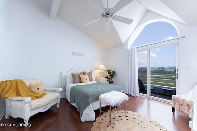 bedroom with access to exterior, a ceiling fan, wood finished floors, high vaulted ceiling, and beamed ceiling