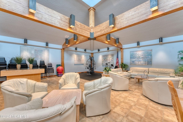 living room featuring beamed ceiling and high vaulted ceiling