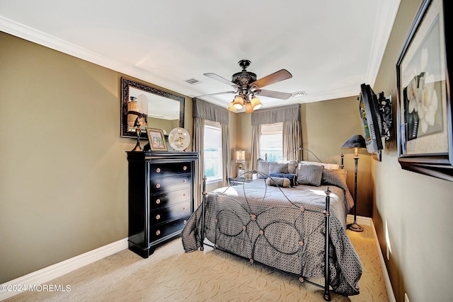 bedroom featuring baseboards, visible vents, a ceiling fan, and ornamental molding