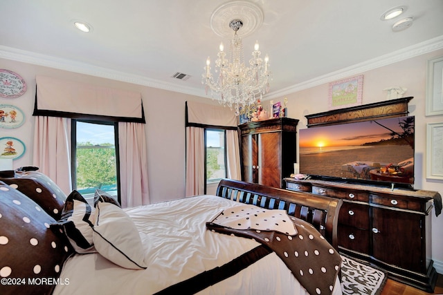 bedroom featuring ornamental molding, recessed lighting, visible vents, and a notable chandelier