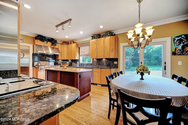 kitchen with crown molding, light wood finished floors, backsplash, a kitchen island, and under cabinet range hood