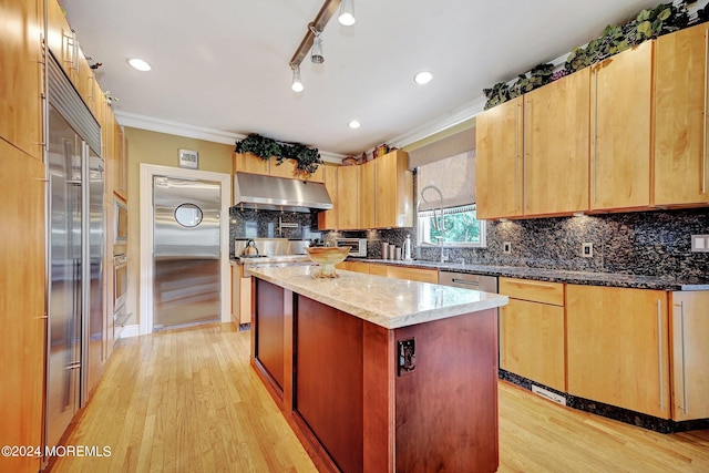 kitchen with under cabinet range hood, tasteful backsplash, light wood-style flooring, and crown molding