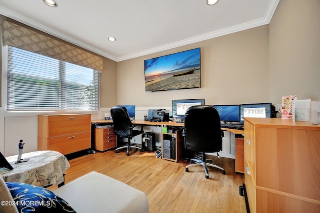 home office with ornamental molding, recessed lighting, and light wood-style floors