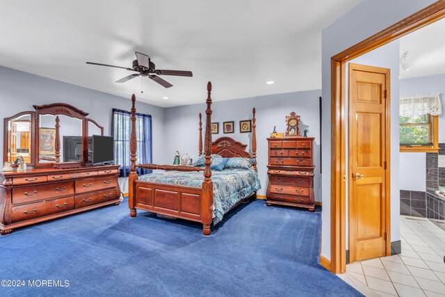 bedroom with ceiling fan, recessed lighting, and light colored carpet