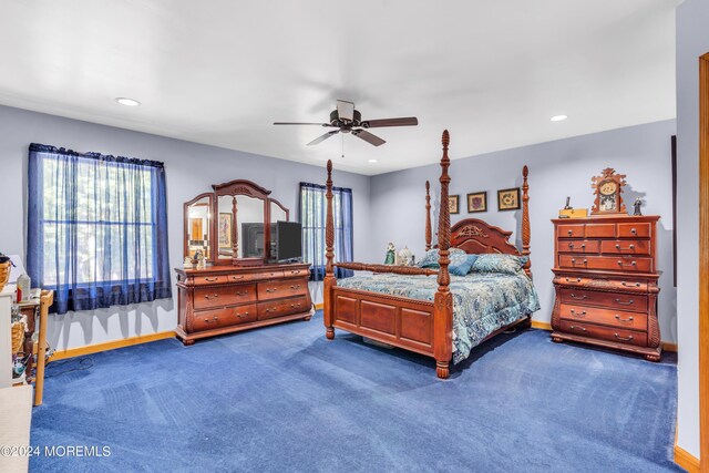 bedroom with ceiling fan, recessed lighting, dark carpet, and baseboards