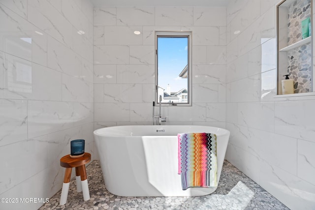 149 Valencia Dr, Brick, NJ 08723 - full bathroom featuring tile walls and a freestanding tub