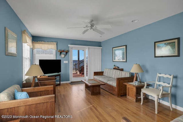 living room featuring ceiling fan and wood-type flooring