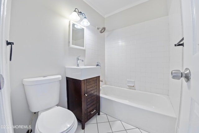 full bathroom featuring toilet, tile patterned flooring, vanity, crown molding, and tiled shower / bath combo