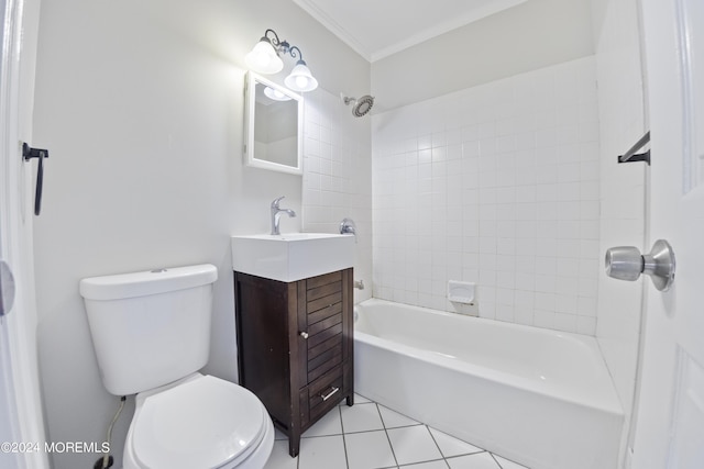 full bath featuring tile patterned flooring, toilet, ornamental molding, shower / bathtub combination, and vanity