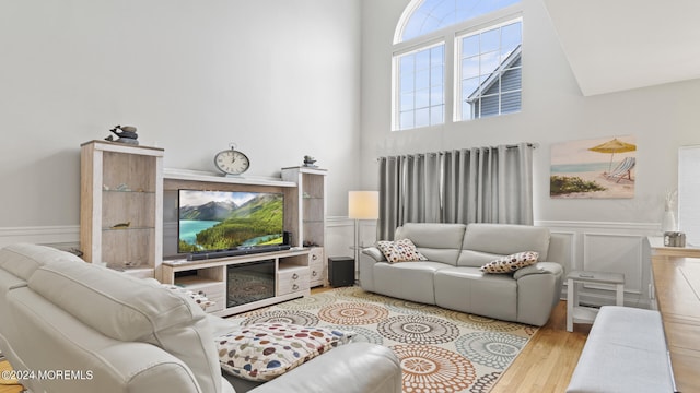 living room with a high ceiling and light hardwood / wood-style floors