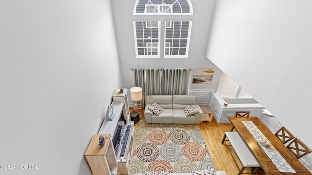 living room featuring a high ceiling and light wood-type flooring