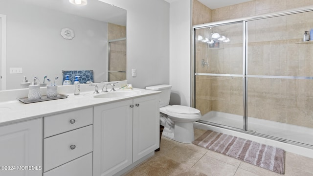 bathroom featuring tile patterned floors, walk in shower, toilet, and vanity