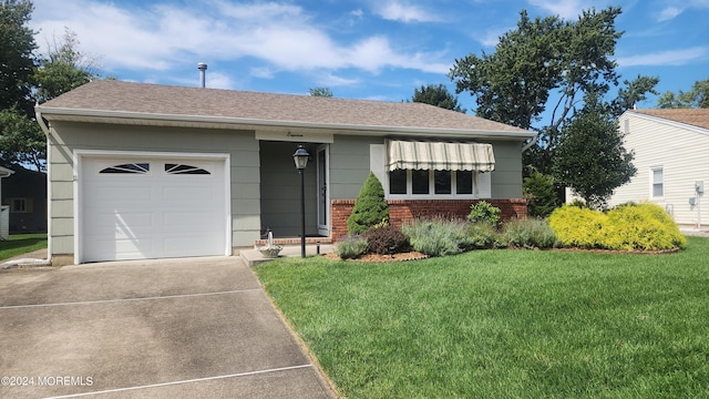 ranch-style home with a garage and a front lawn