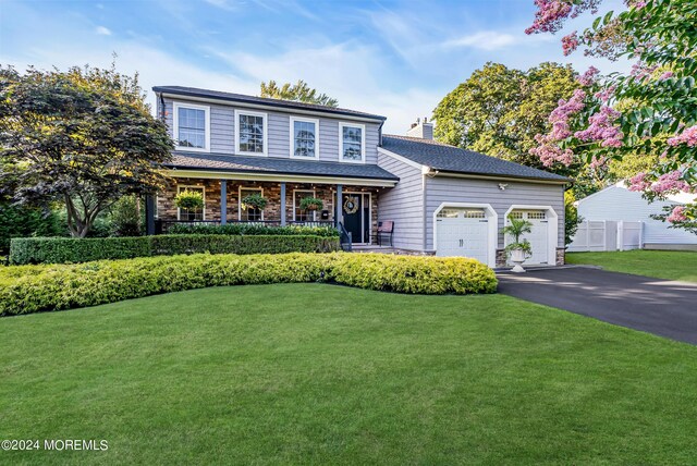 view of front of home with a front yard and a garage