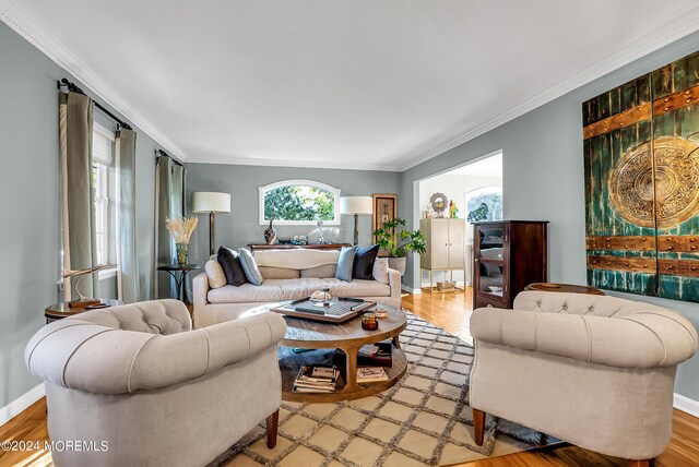 living room with light wood-type flooring and ornamental molding