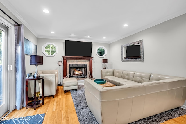 living room with crown molding and light hardwood / wood-style floors