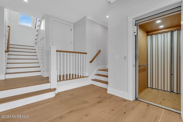 stairway featuring wood-type flooring