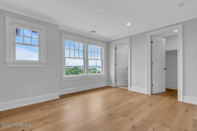 unfurnished bedroom featuring a spacious closet and light hardwood / wood-style flooring