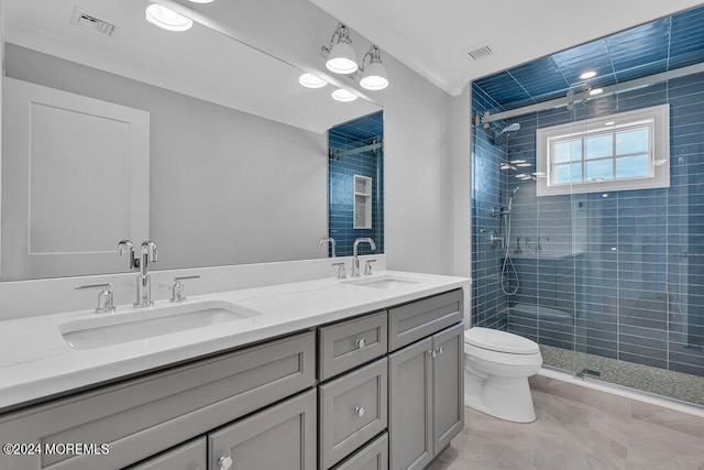 bathroom featuring walk in shower, vanity, and toilet