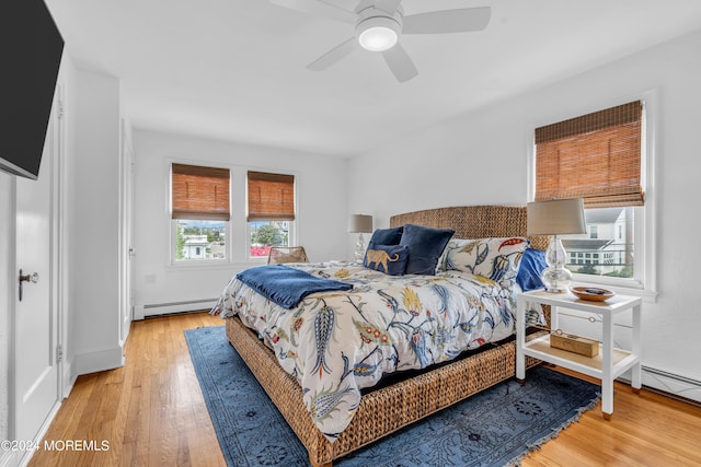 bedroom featuring hardwood / wood-style floors, ceiling fan, and baseboard heating