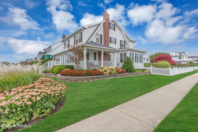 view of side of home with a porch and a lawn