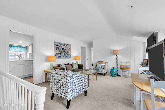 carpeted living room featuring sink and wooden walls