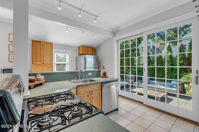 kitchen featuring a sink, appliances with stainless steel finishes, light tile patterned flooring, and ornamental molding