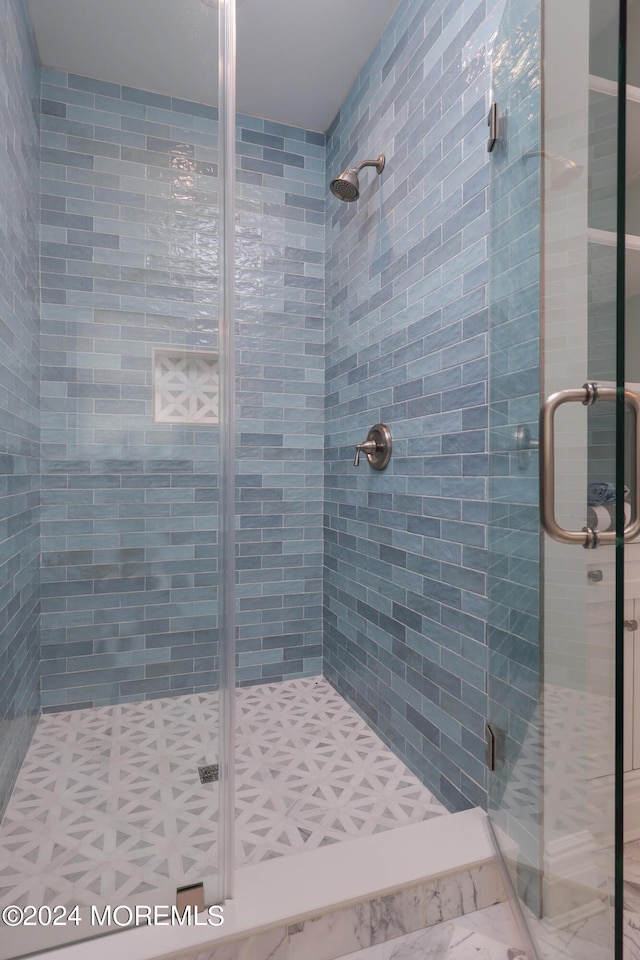 bathroom featuring a shower with door