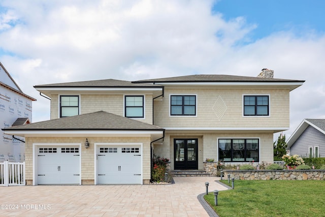 view of front facade with a garage and a front lawn