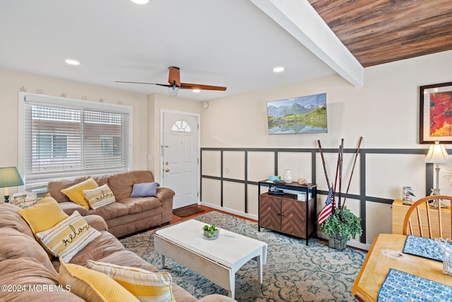 living room with a ceiling fan, beam ceiling, wood finished floors, and recessed lighting