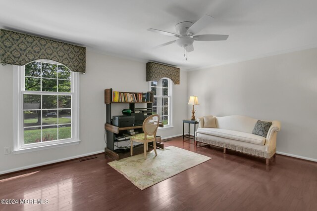 living area featuring ceiling fan and dark hardwood / wood-style floors