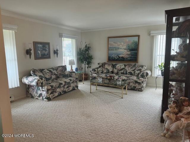 living room featuring crown molding and carpet floors