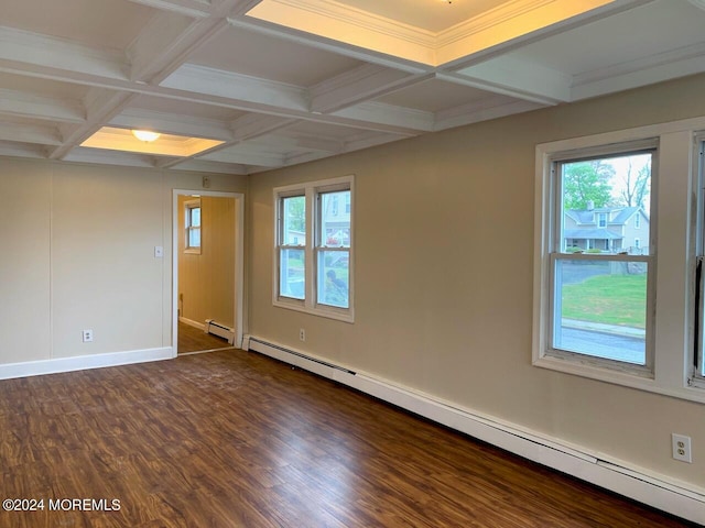 spare room featuring coffered ceiling, a baseboard radiator, dark hardwood / wood-style floors, and beamed ceiling