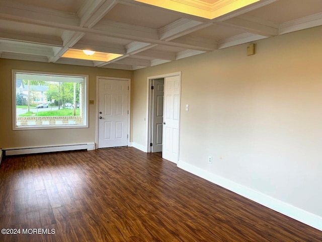 unfurnished room featuring beamed ceiling, coffered ceiling, a baseboard radiator, dark hardwood / wood-style floors, and ornamental molding