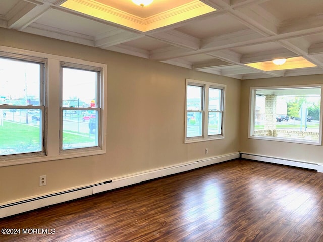 empty room with ornamental molding, dark wood-type flooring, coffered ceiling, and beam ceiling